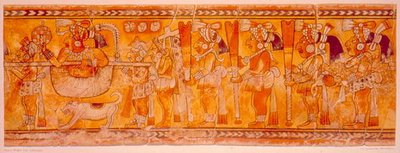 King carried in a litter with a dog, priests and guards by Mayan